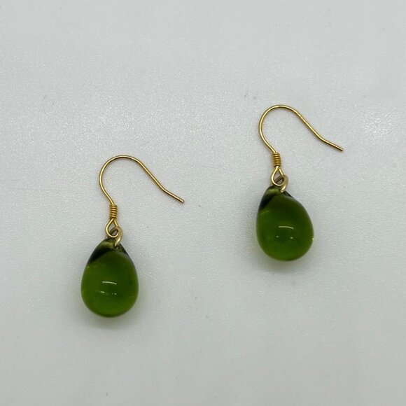 Handmade Green Teardrop Glass Earrings With Sterling Silver Wire Hooks For Women - Picture 2 of 15